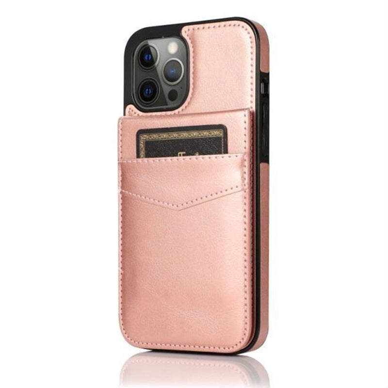 For iPhone 13 6.1 Luxury Vertical Magnetic Button Card ID Holder PU Leather Case Cover - Rose Gold