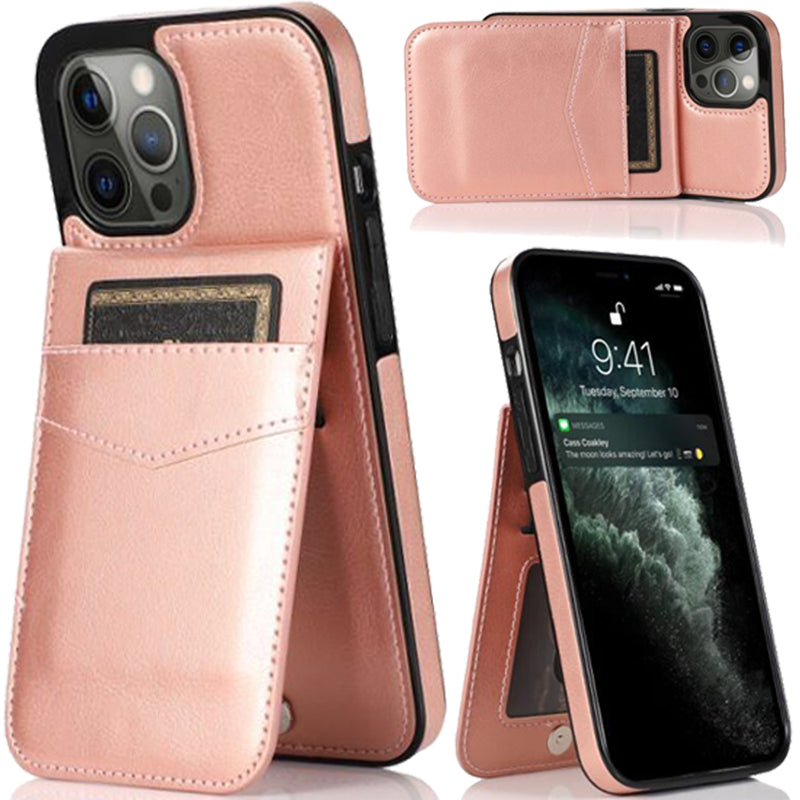 For iPhone 13 6.1 Luxury Vertical Magnetic Button Card ID Holder PU Leather Case Cover - Rose Gold