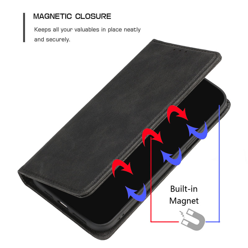 For iPhone 13 Pro Max Wallet Premium PU Vegan Leather ID Card Money Holder with Magnetic Closure - Black