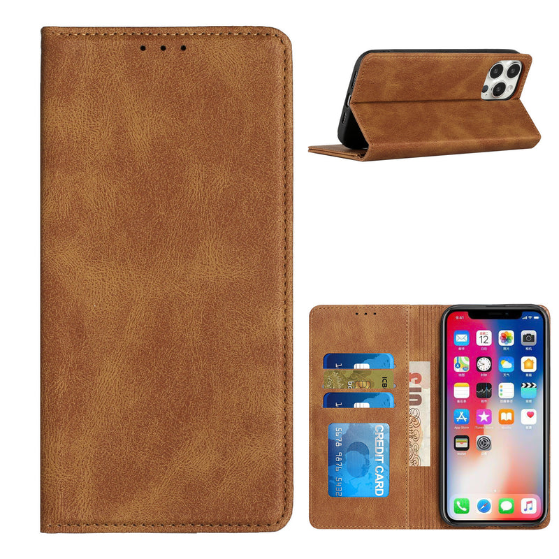 For iPhone 13 Pro Max Wallet Premium PU Vegan Leather ID Card Money Holder with Magnetic Closure - Brown