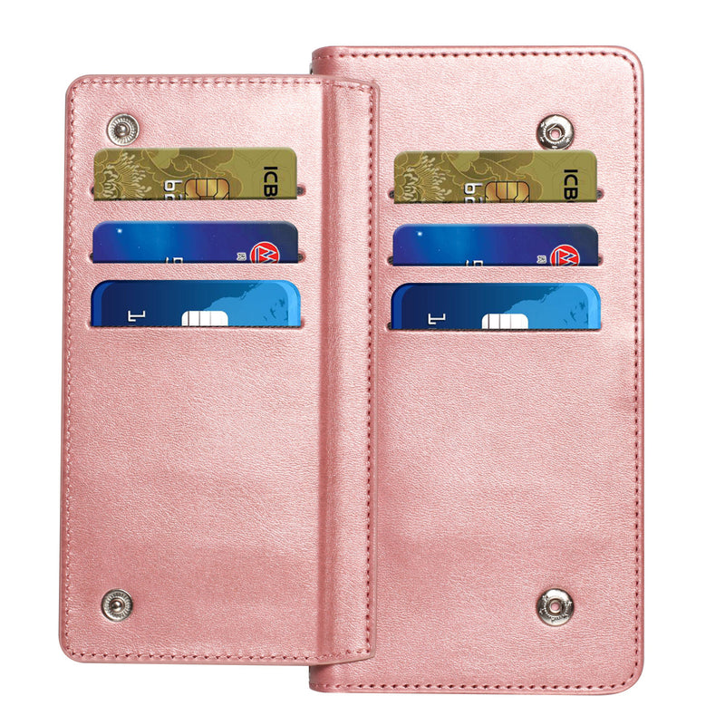 For iPhone 13 Pro Max Wallet Premium PU Vegan Leather ID Multiple Card Holder Money with Strap - Rose Gold