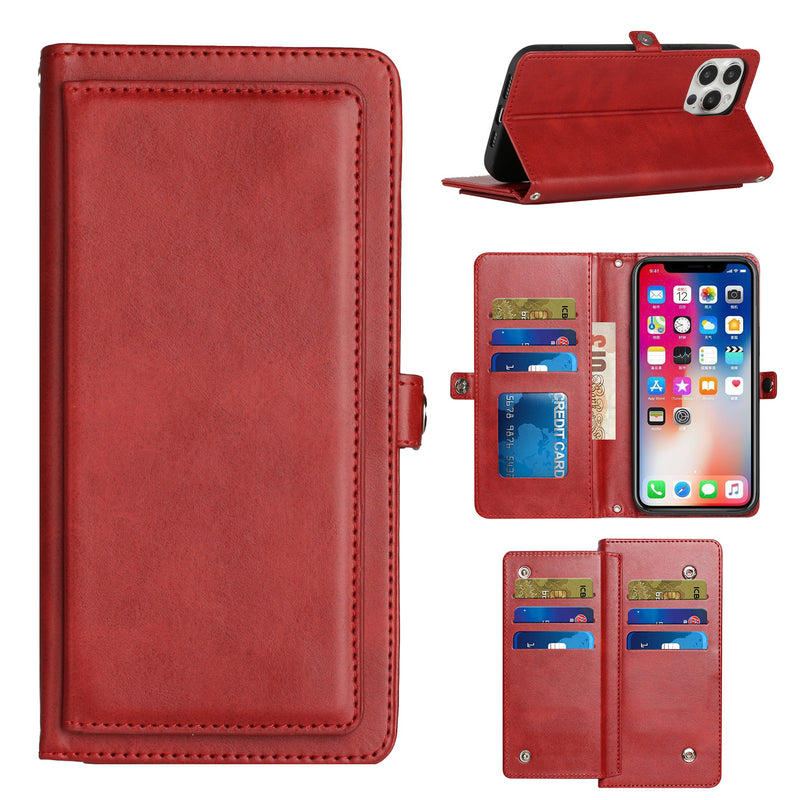 For iPhone 13 Pro Max Wallet Premium PU Vegan Leather ID Multiple Card Holder Money with Strap - Red