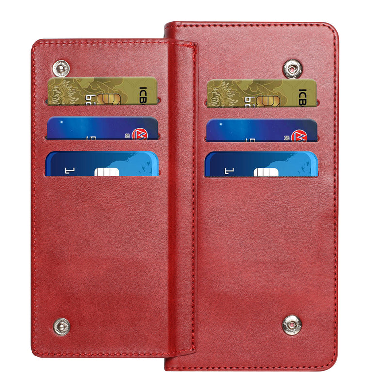 For iPhone 13 Pro Max Wallet Premium PU Vegan Leather ID Multiple Card Holder Money with Strap - Red