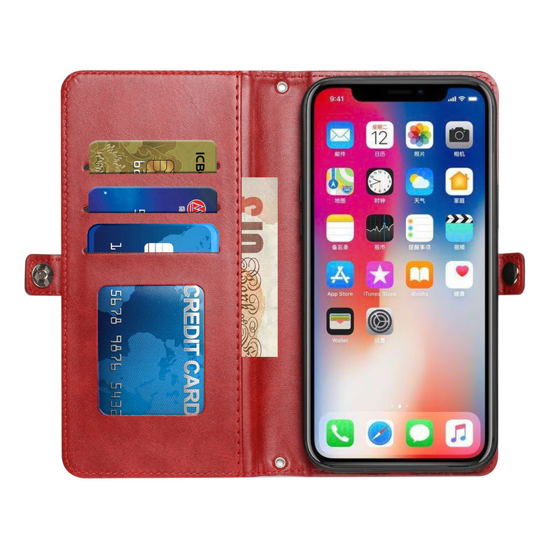 For iPhone 13 Pro Max Wallet Premium PU Vegan Leather ID Multiple Card Holder Money with Strap - Red