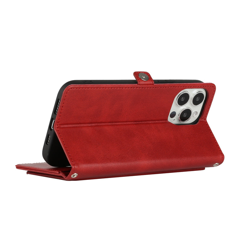 For iPhone 13 Pro Max Wallet Premium PU Vegan Leather ID Multiple Card Holder Money with Strap - Red