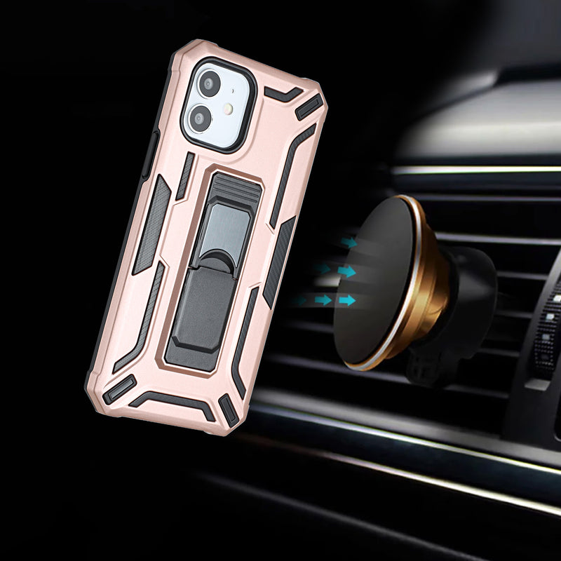 For iPhone 13 Pro Warship Magnetic Ring Stand Shockproof Hybrid Case Cover - Rose Gold