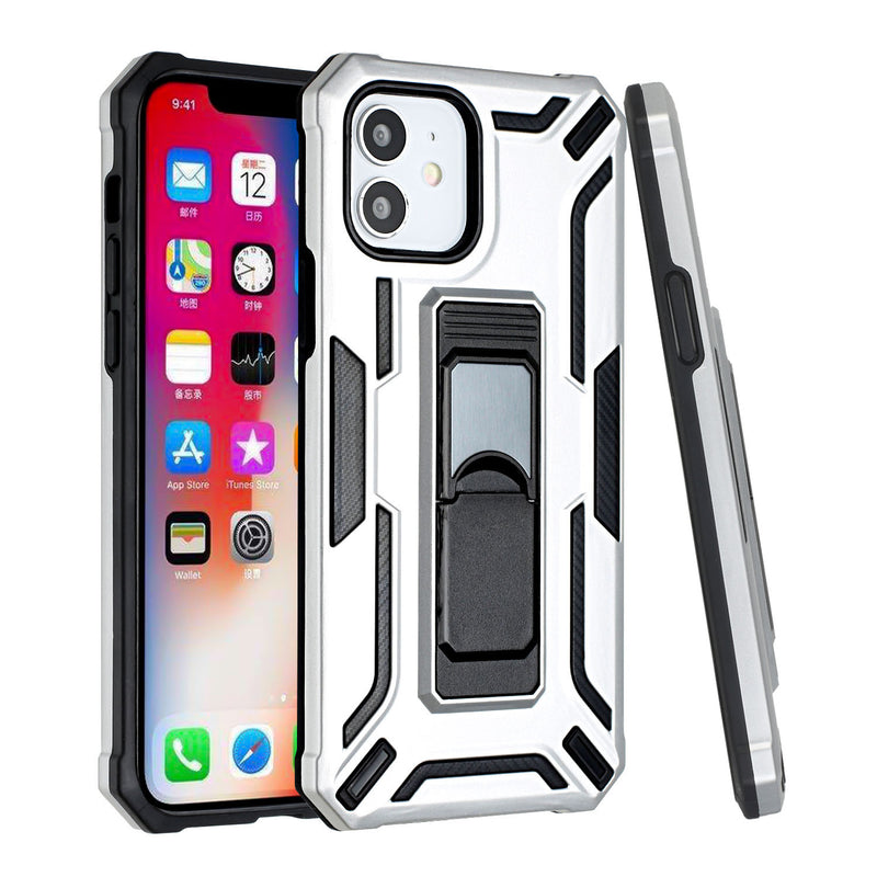 For iPhone 13 Pro Warship Magnetic Ring Stand Shockproof Hybrid Case Cover - Silver