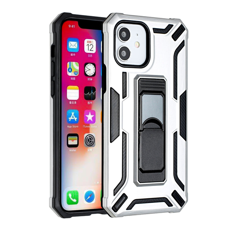 For iPhone 13 Pro Warship Magnetic Ring Stand Shockproof Hybrid Case Cover - Silver