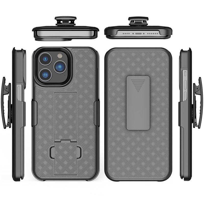 For Apple iPhone 14 PRO 6.1" Weave Premium 3in1 Combo Holster Kickstand Case Cover - Black