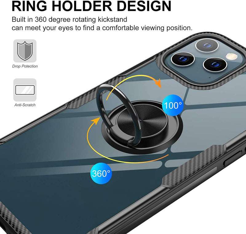 Clear Carbon Fiber Case with Ring Kickstand 360 Degree rotation for iPhone 11 Pro - Black