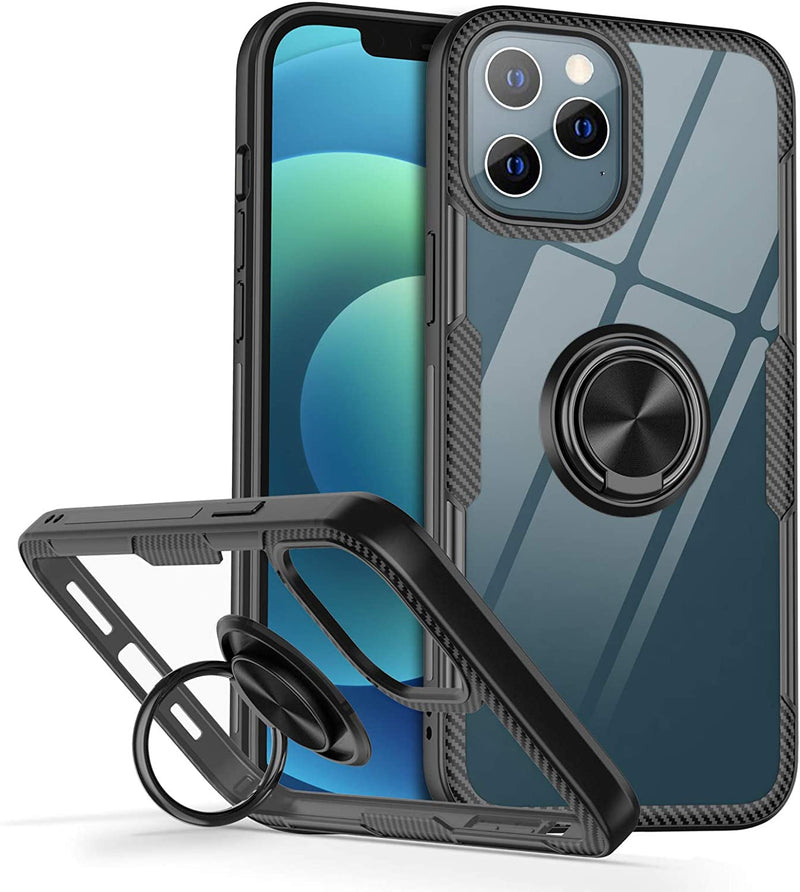 Clear Carbon Fiber Case with Ring Kickstand 360 Degree rotation for iPhone 11 Pro - Black