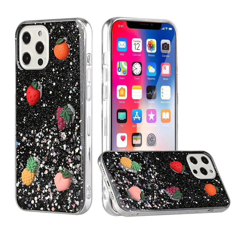For Apple iPhone 12 6.1 inch Fruit Assorted Cute Epoxy Glitter Hybrid - Black