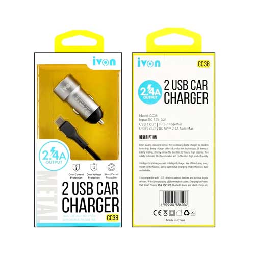 iVON 2 USB Car Charger 2.4A with Micro to USB Cable