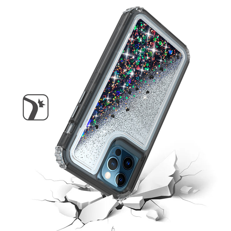 For iPhone 12 Pro Max 6.7 Quicksand Liquid Glitter Transparent Hybrid Case Cover - Black