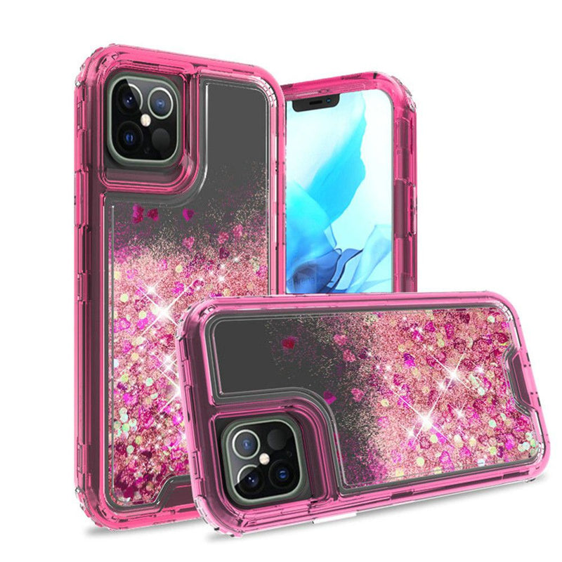 For iPhone 12/Pro (6.1 Only) Quicksand Liquid Glitter Transparent Hybrid Case Cover - Hot Pink