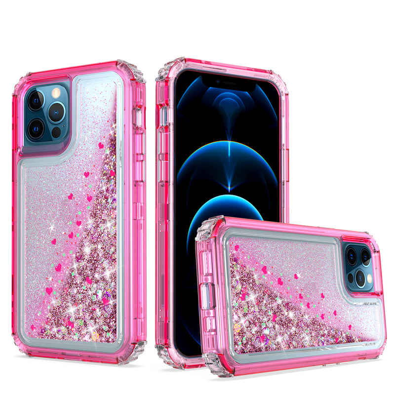 For iPhone 12/Pro (6.1 Only) Quicksand Liquid Glitter Transparent Hybrid Case Cover - Hot Pink