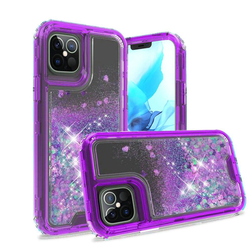 For iPhone 12/Pro (6.1 Only) Quicksand Liquid Glitter Transparent Hybrid Case Cover - Purple