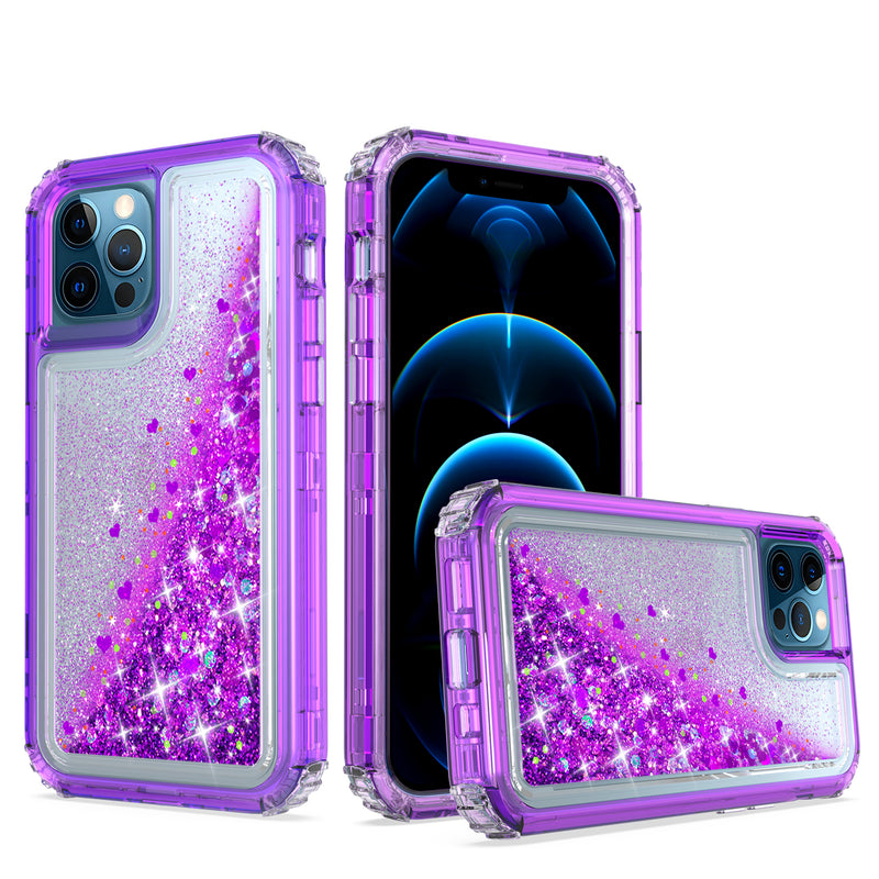 For iPhone 12/Pro (6.1 Only) Quicksand Liquid Glitter Transparent Hybrid Case Cover - Purple