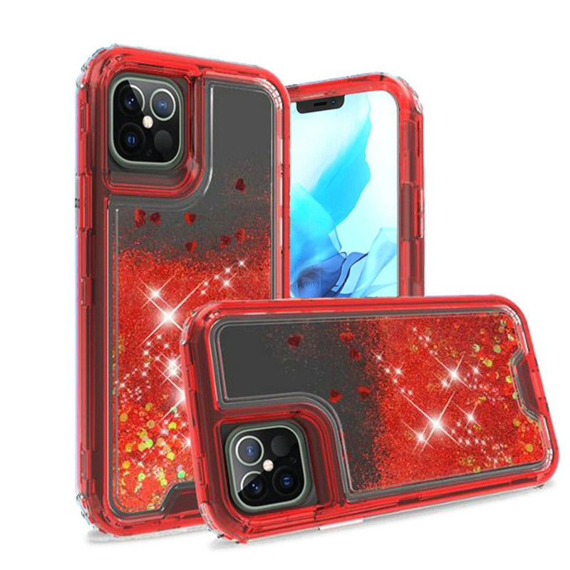 For iPhone 12/Pro (6.1 Only) Quicksand Liquid Glitter Transparent Hybrid Case Cover - Red