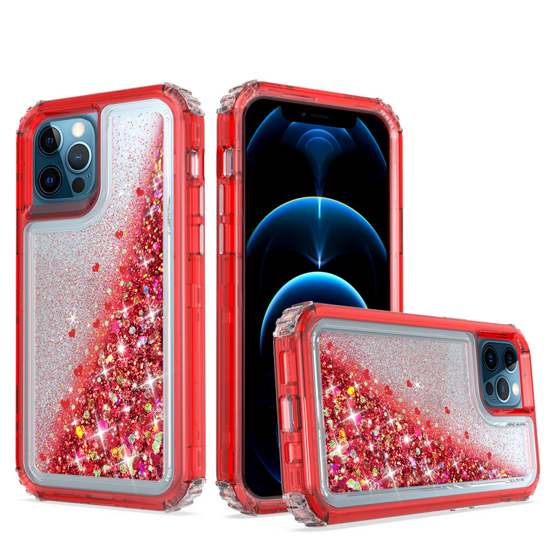 For iPhone 12/Pro (6.1 Only) Quicksand Liquid Glitter Transparent Hybrid Case Cover - Red