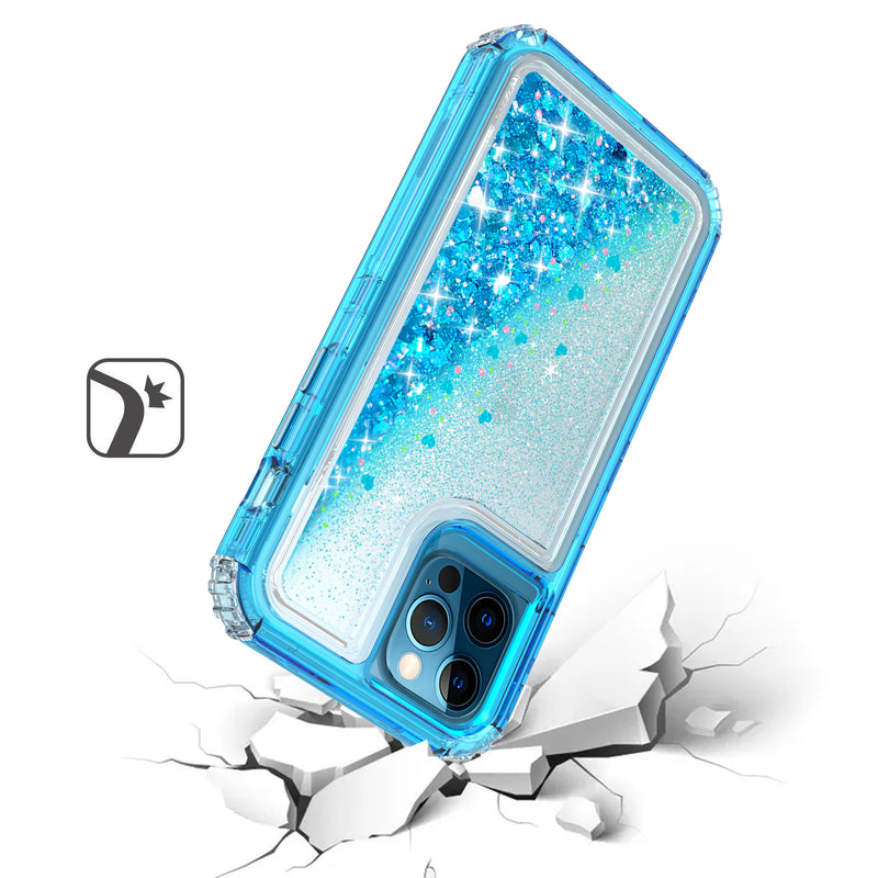For iPhone 12/Pro (6.1 Only) Quicksand Liquid Glitter Transparent Hybrid Case Cover - Teal