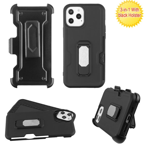 Asmyna Grip Stand Protector Case Combo (with Black Holster)(with Card Wallet) for Apple iPhone 12 (6.1) / 12 Pro (6.1) - Black / Black