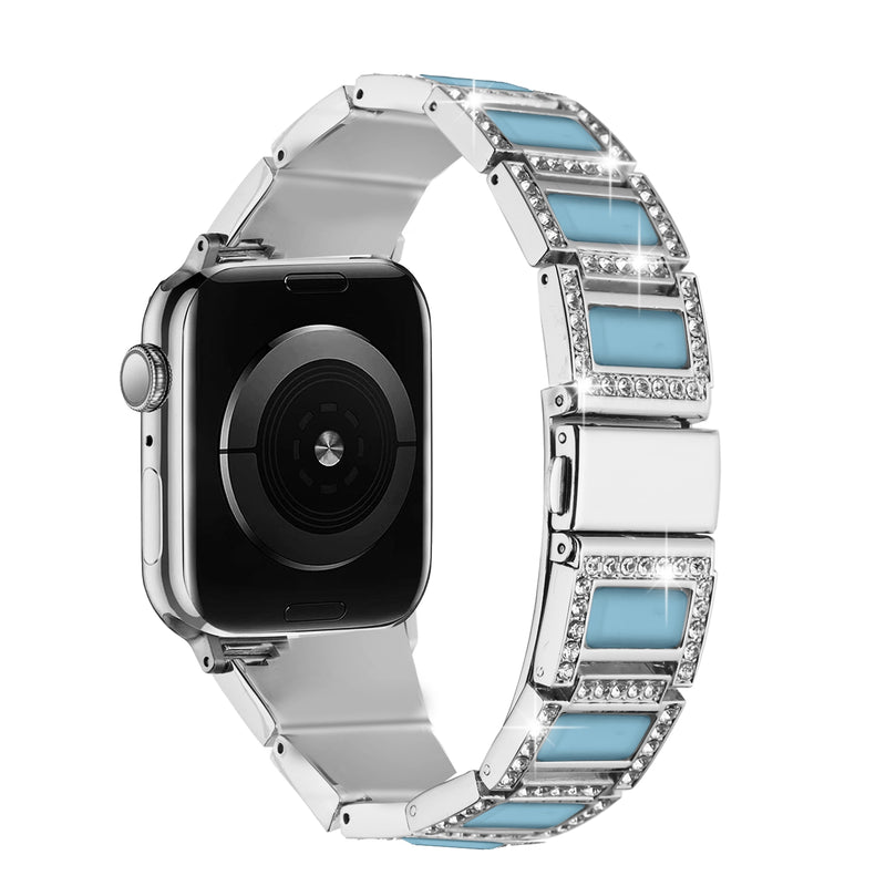 For Apple Watch Size 38/40/41mm Jewel Diamond Bling Zinc Alloy Watch Band - Silver+Light Blue