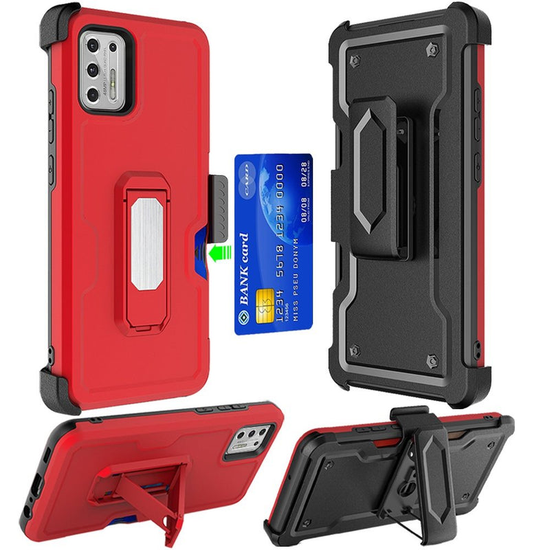 For Moto G Stylus 2021 CARD Holster with Kickstand Clip Hybrid Case Cover - Red
