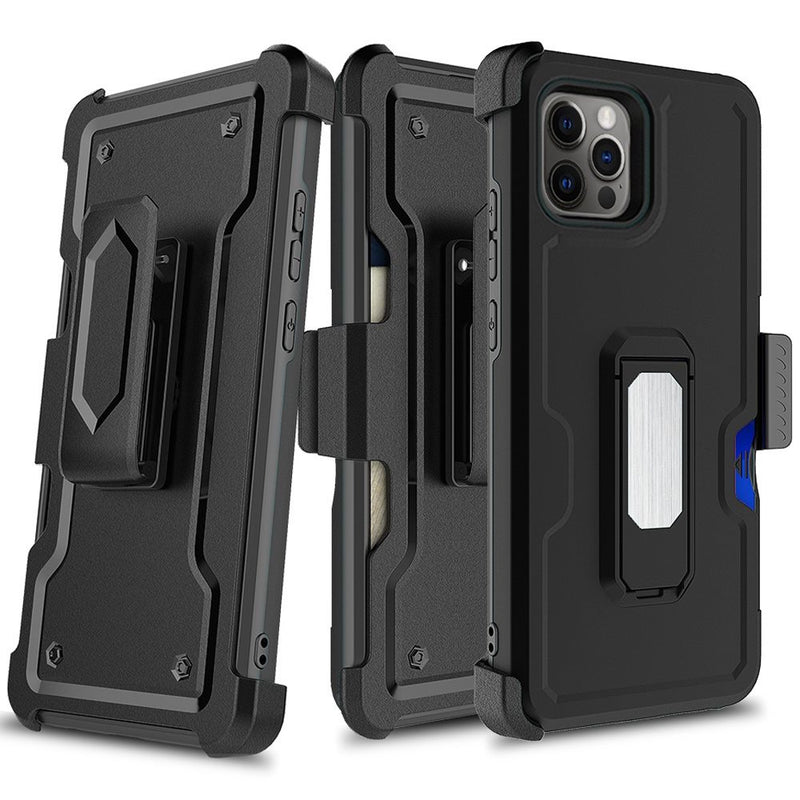 For iPhone 13 Mini 5.4 CARD Holster with Kickstand Clip Hybrid Case Cover - Black