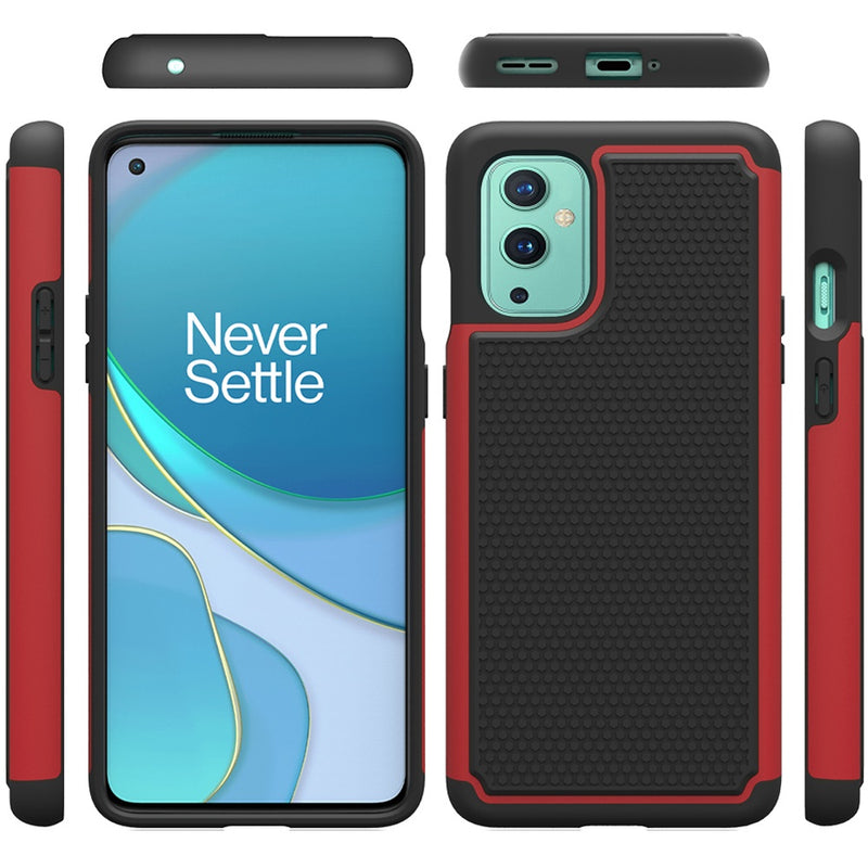 For OnePlus 9 Rugged Tough Shockproof Hybrid Case Cover - Red PC/Black TPU