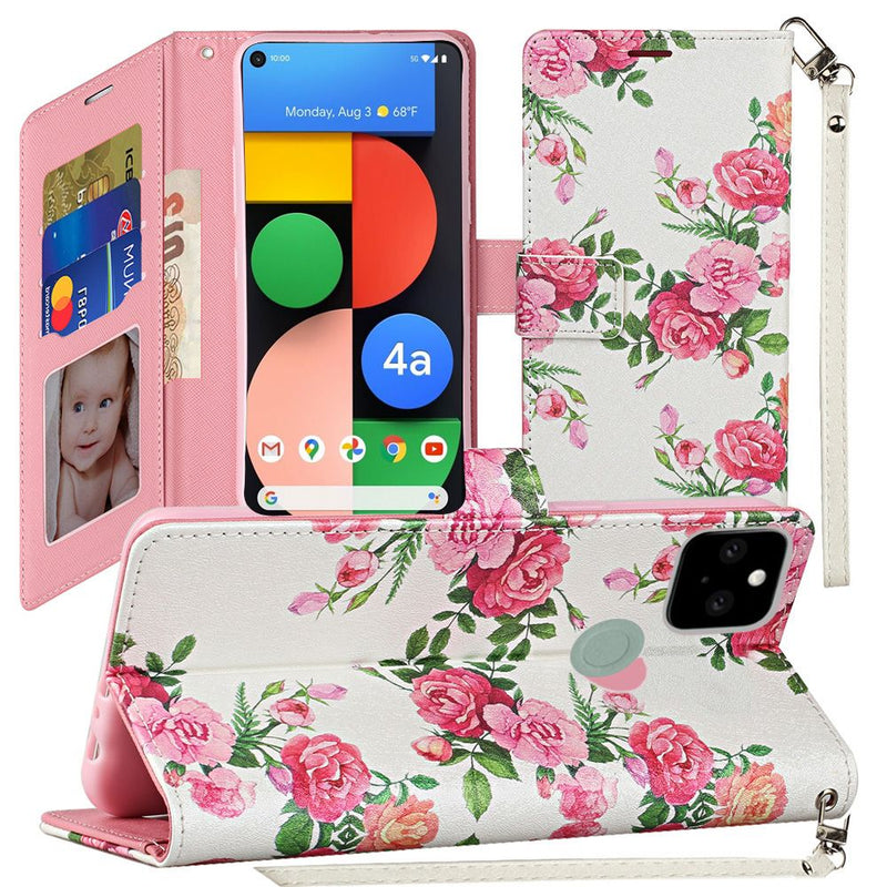 For Google Pixel 4a 5G (5G Version Only) Fashion Wristlet Wallet with Strap - Roses Bouquet