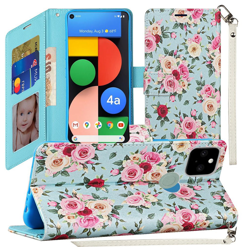 For Google Pixel 4a 5G (5G Version Only) Fashion Wristlet Wallet with Strap - Vintage Roses
