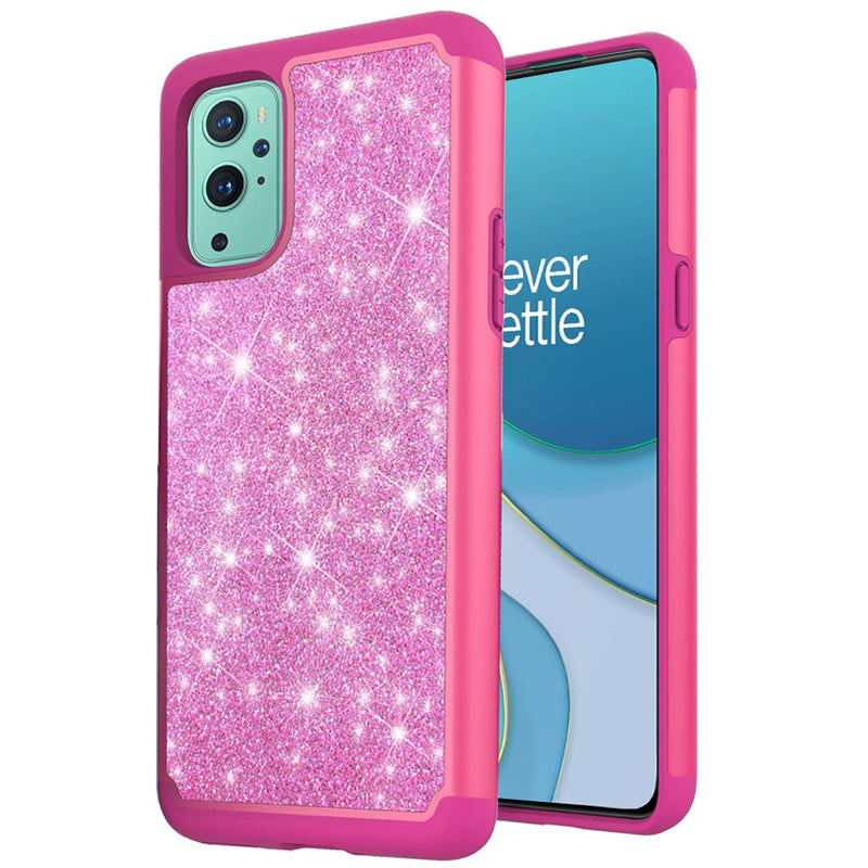 For OnePlus 9 Pro Glitter Bling Shinny Hybrid Case Cover - Hot Pink/Hot Pink