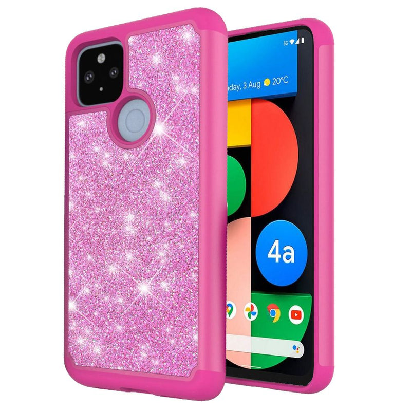 For Google Pixel 4a 5G (5G Version Only) Glitter Bling Diamond Tough Hybrid - Hot Pink/Hot Pink