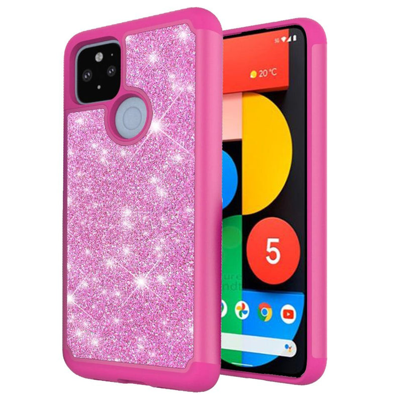 For Google Pixel 5 Glitter Bling Shinny Hybrid Case Cover - Hot Pink/Hot Pink