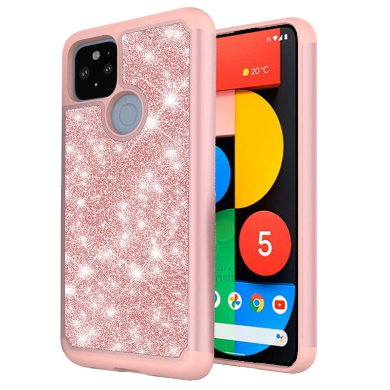 For Google Pixel 5 Glitter Bling Shinny Hybrid Case Cover - Rose Gold/Rose Gold