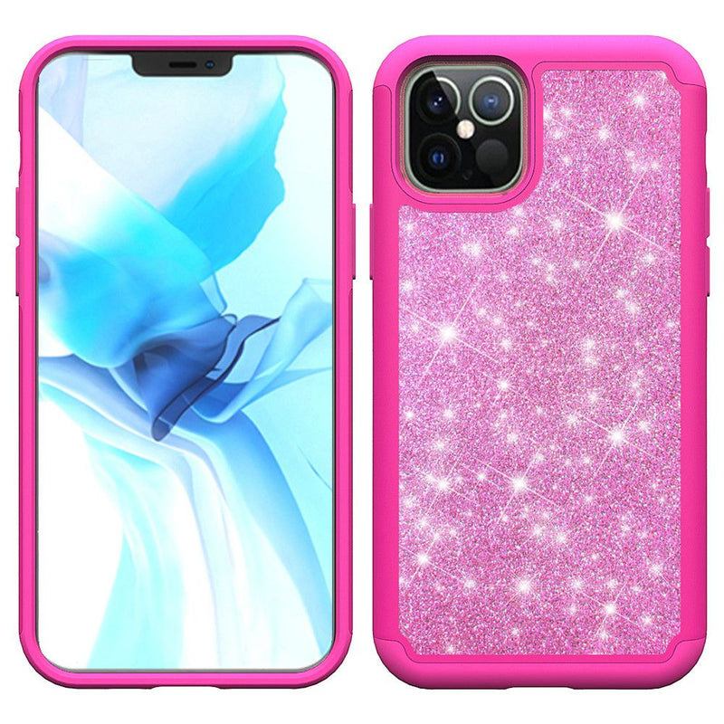 For iPhone 12/Pro (6.1 Only) Glitter Bling Shinny Hybrid Case Cover - Hot Pink/Hot Pink