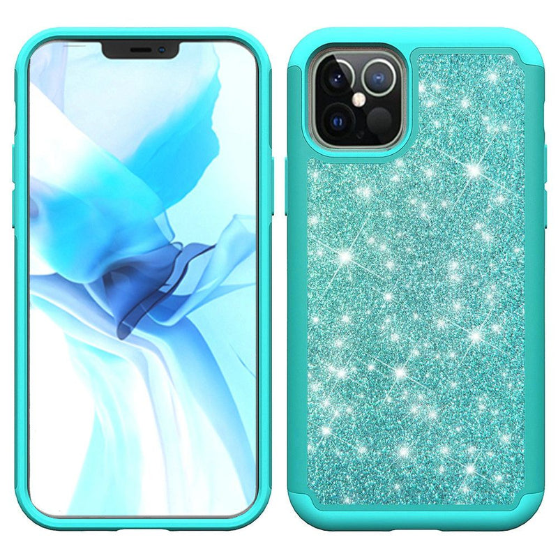 For iPhone 12/Pro (6.1 Only) Glitter Bling Shinny Hybrid Case Cover - Teal/Teal