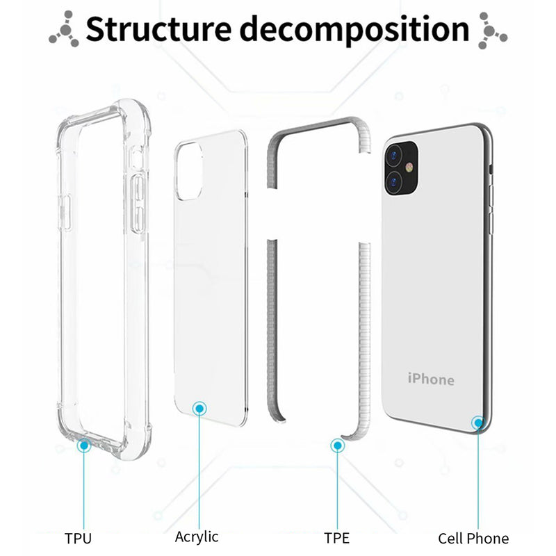 Crystal Clear Case Shockproof Corners Air Cushion Protective TPU Bumper Hard Acrylic Back Cover for iPhone 12/12 Pro (6.1") - Black