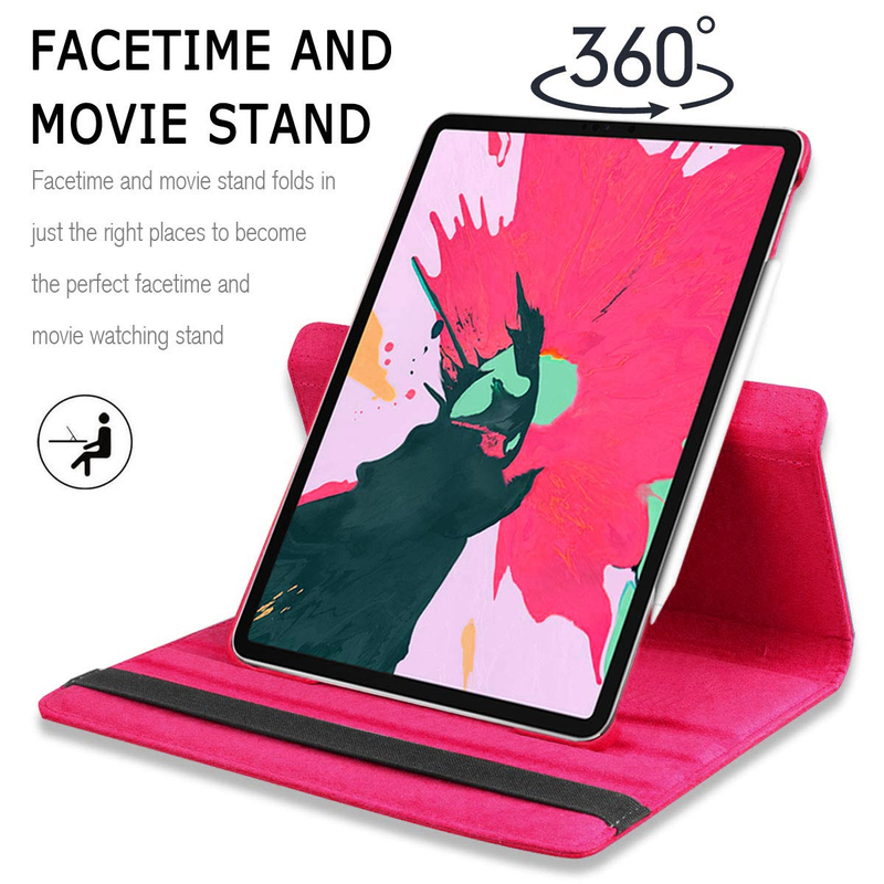 Rotating Case for iPad Pro 12.9 3rd Gen 2018 (Supports 2nd Gen Pencil Charging Mode) - 360 Degree Rotating Stand Protective Cover with Auto Sleep/Wake - Hot Pink