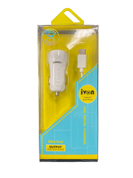 iVON Ultra Fast USB Car Charger 3.1A with Type-C to USB Cable