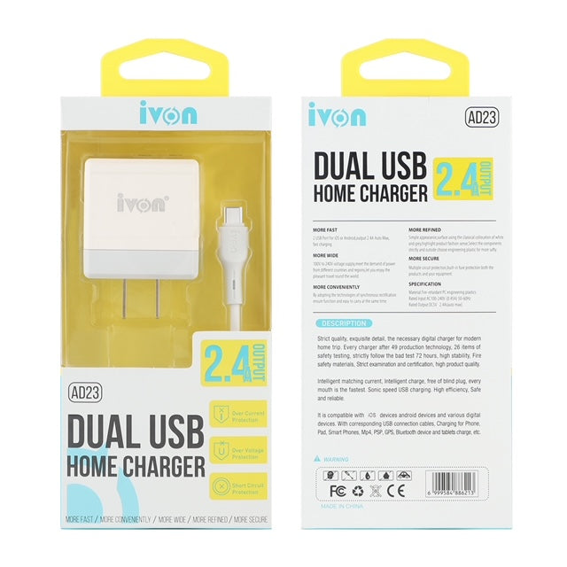 iVON Dual USB Home Wall Charger 2.4A with Type-C to USB cable model: AD23