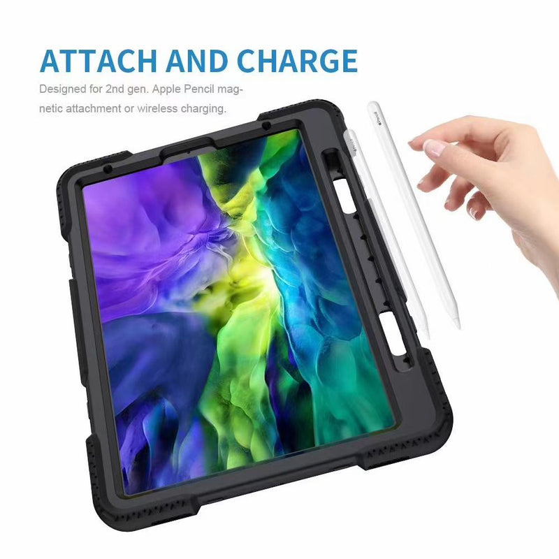 Heavy Duty Shockproof Case for iPad 10.9 (iPad Air 4) with Pencil Holder + Hand Strap + Stand - Black