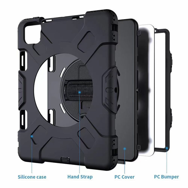 Heavy Duty Shockproof Case for iPad 10.9 (iPad Air 4) with Pencil Holder + Hand Strap + Stand - Black