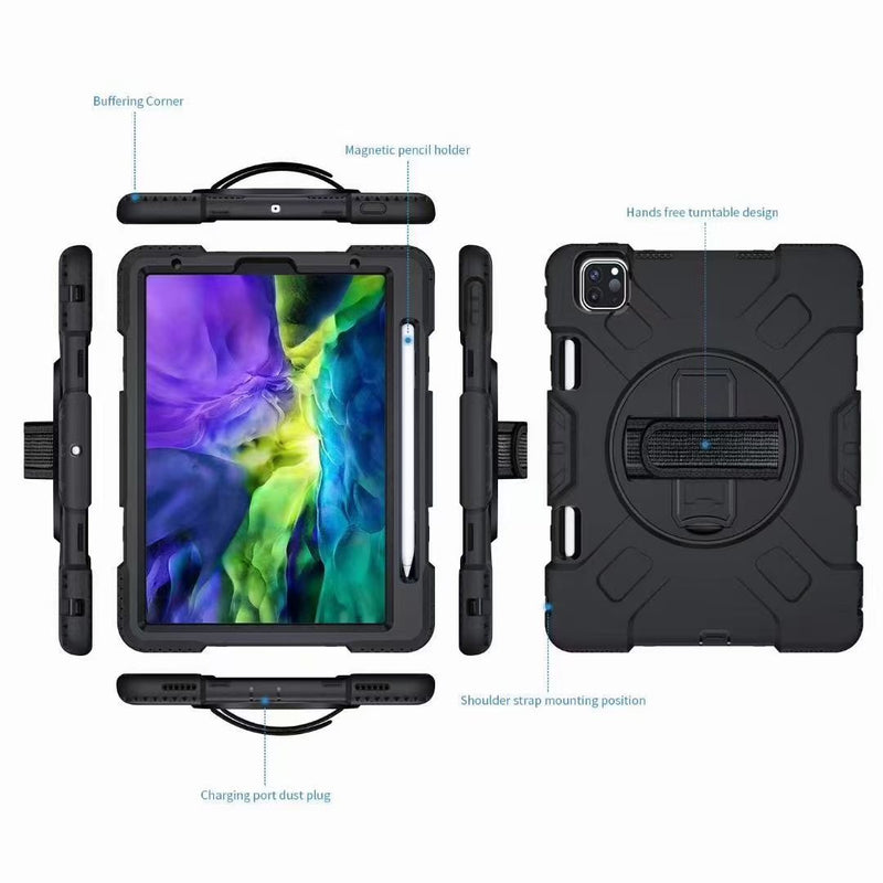 Heavy Duty Shockproof Case for iPad 10.9 (iPad Air 4) with Pencil Holder + Hand Strap + Stand - Black