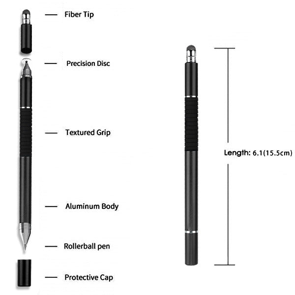 MyBat 3 in 1 Stylus Pen (with Disc Tip & Fiber Tip & Ballpoint Pen) - Black