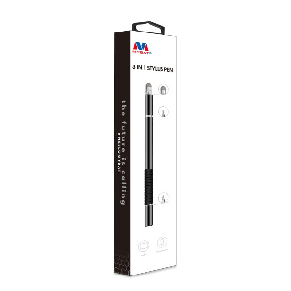 MyBat 3 in 1 Stylus Pen (with Disc Tip & Fiber Tip & Ballpoint Pen) - Black