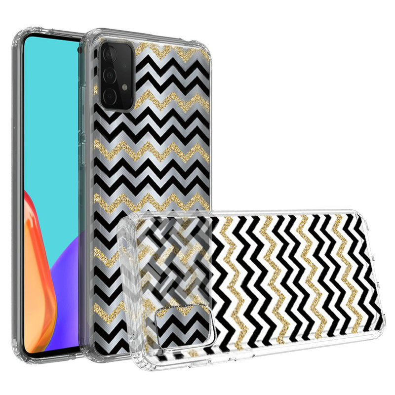 For Samsung Galaxy A52 5G Design Transparent Bumper Hybrid Case Cover - Black Gold ZigZag