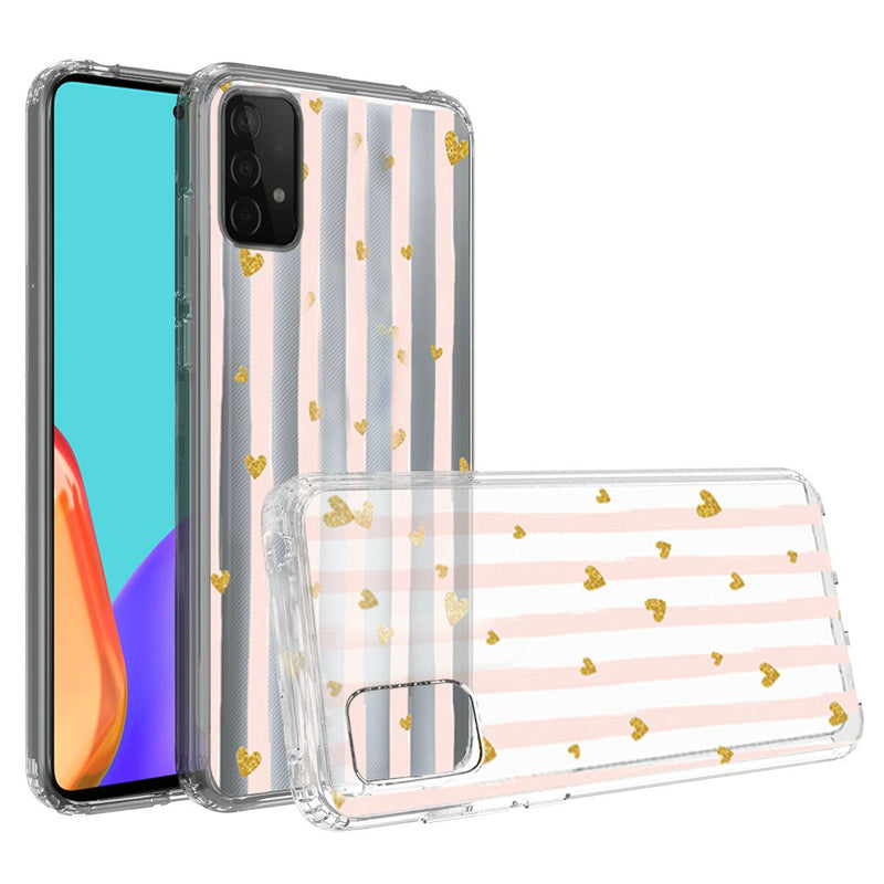 For Samsung Galaxy A52 5G Design Transparent Bumper Hybrid Case Cover - Gold Love Stripes