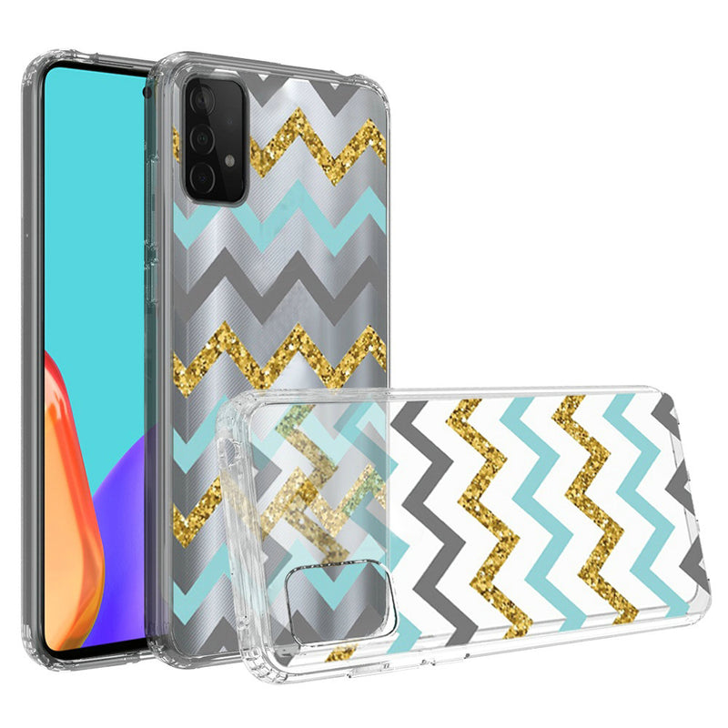 For Samsung Galaxy A52 5G Design Transparent Bumper Hybrid Case Cover - Teal Gold ZigZag